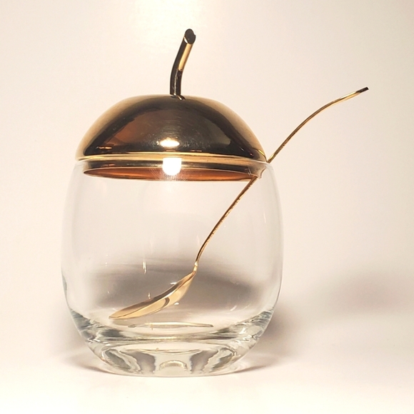 24k Gold Plated Vtg Glass Sugar Bowl with Spoon & Tray Apple Stem Lid Brass MCM - Picture 4 of 11
